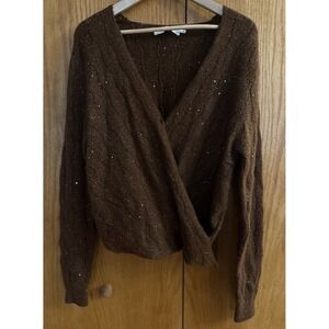 ASTR The Label Womens Wrap V Neck Shimmer‎ Surplice Sweater Copper Brown Large L